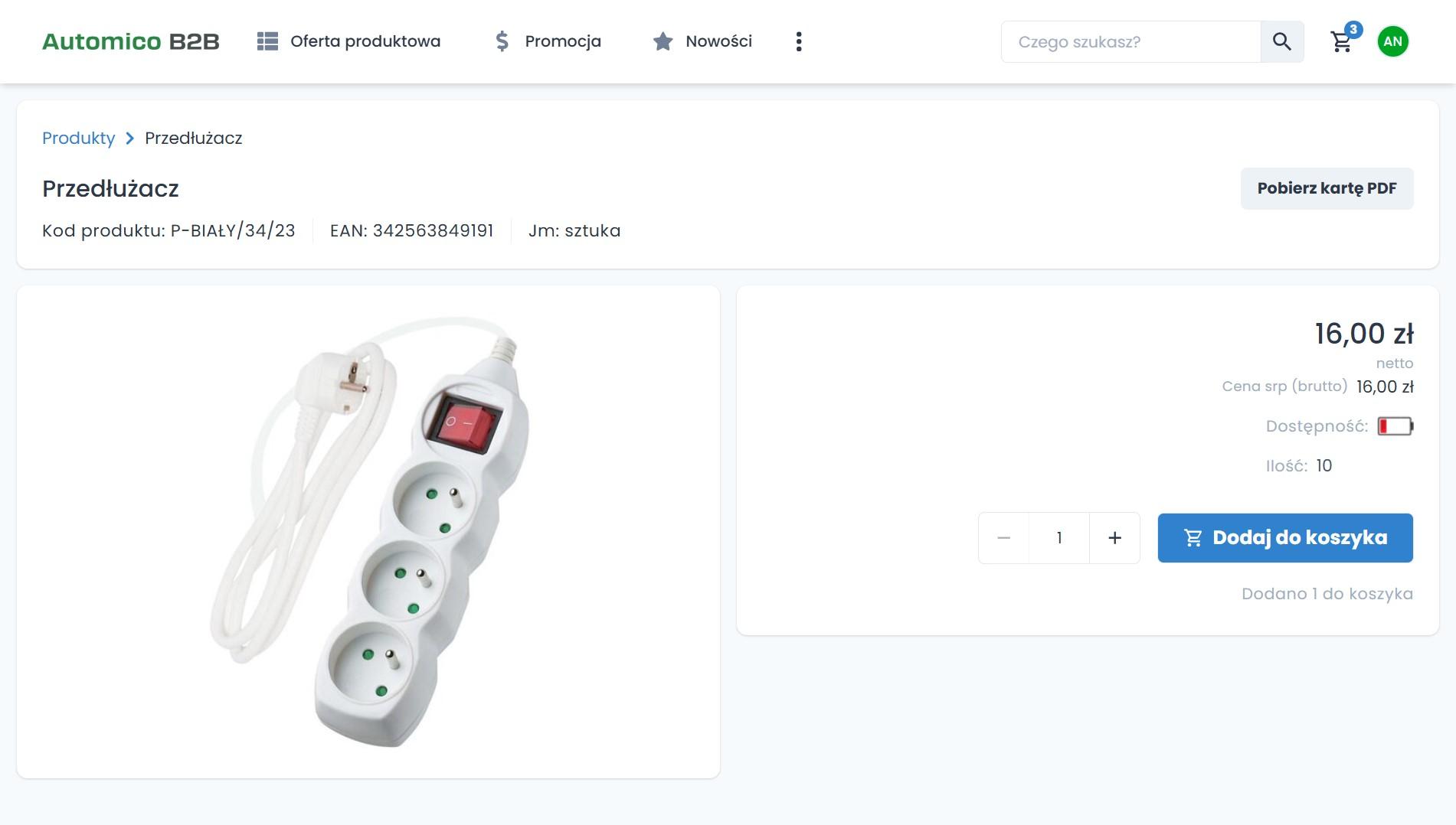 Platforma B2B dla branży elektrycznej - karta produktu w Automico B2B