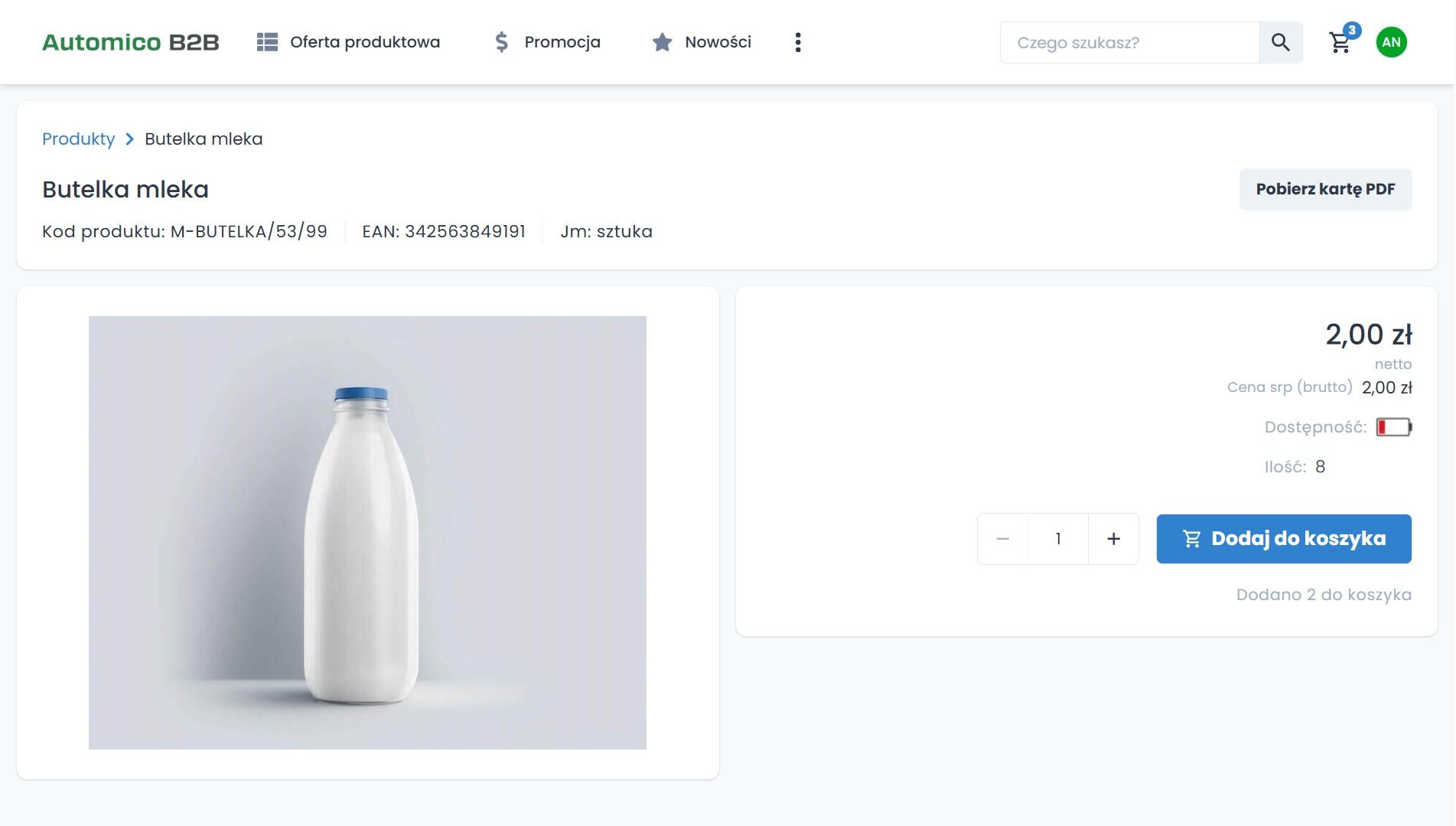 Platforma B2B dla branży spożywczej - karta produktu w Automico B2B.